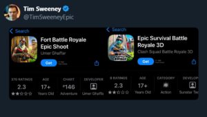Epic Games CEOのTim Sweeney氏「Appleは"フォートバトルロイヤル エピック シュート"を削除した。偽物のフォートナイトを探している人は、代わりにAppleが承認した"エピックサバイバル バトルロイヤル 3D"を試してね」とAppleを皮肉するポストを投稿