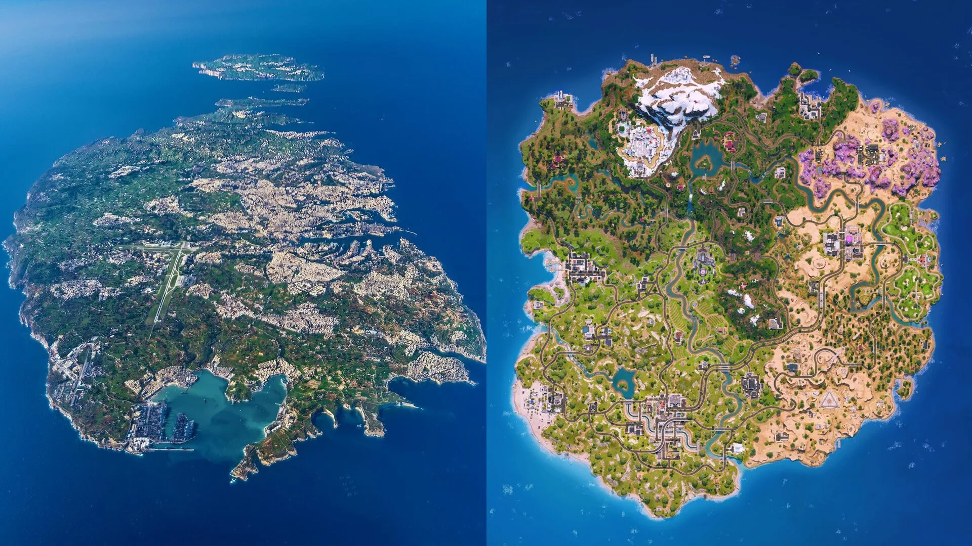 マルタ共和国の空撮写真がフォートナイト島に激似と話題 バトルバス合成画像が爆発的拡散