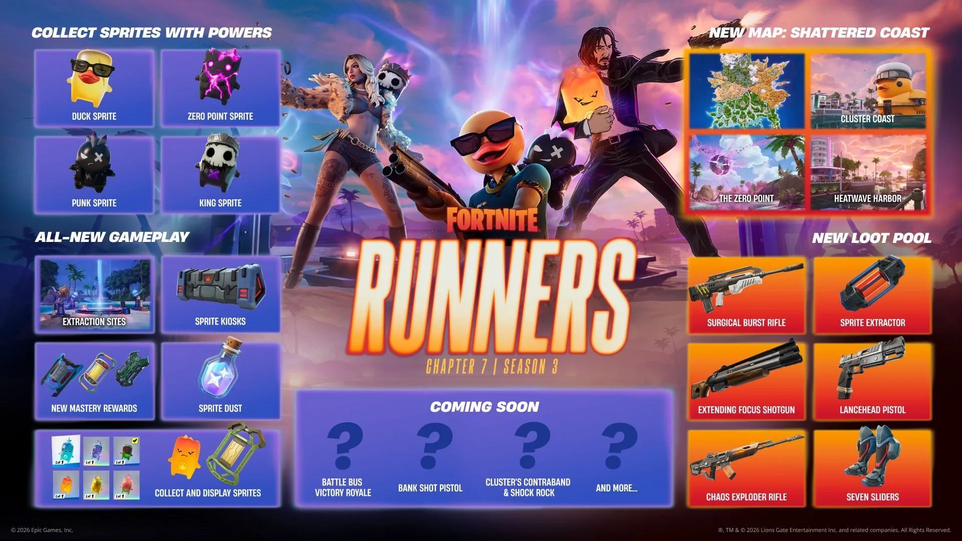 【フォートナイト】チャプター7 シーズン3『ランナー』公式情報が解禁！完全新マップ「シャッタード・コースト」や精霊収集システム、豪華バトルパス報酬の全貌