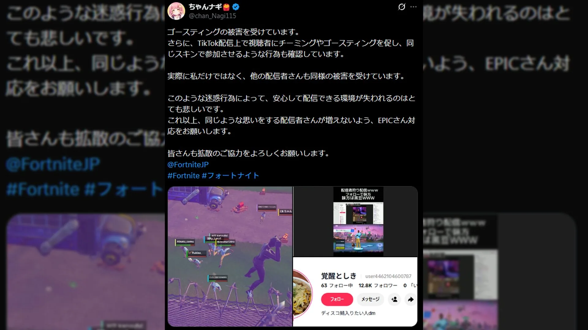 【フォートナイト】人気配信者・ちゃんナギがゴースティング被害を訴える　TikTokで「配信者狩り」を呼びかける行為が横行