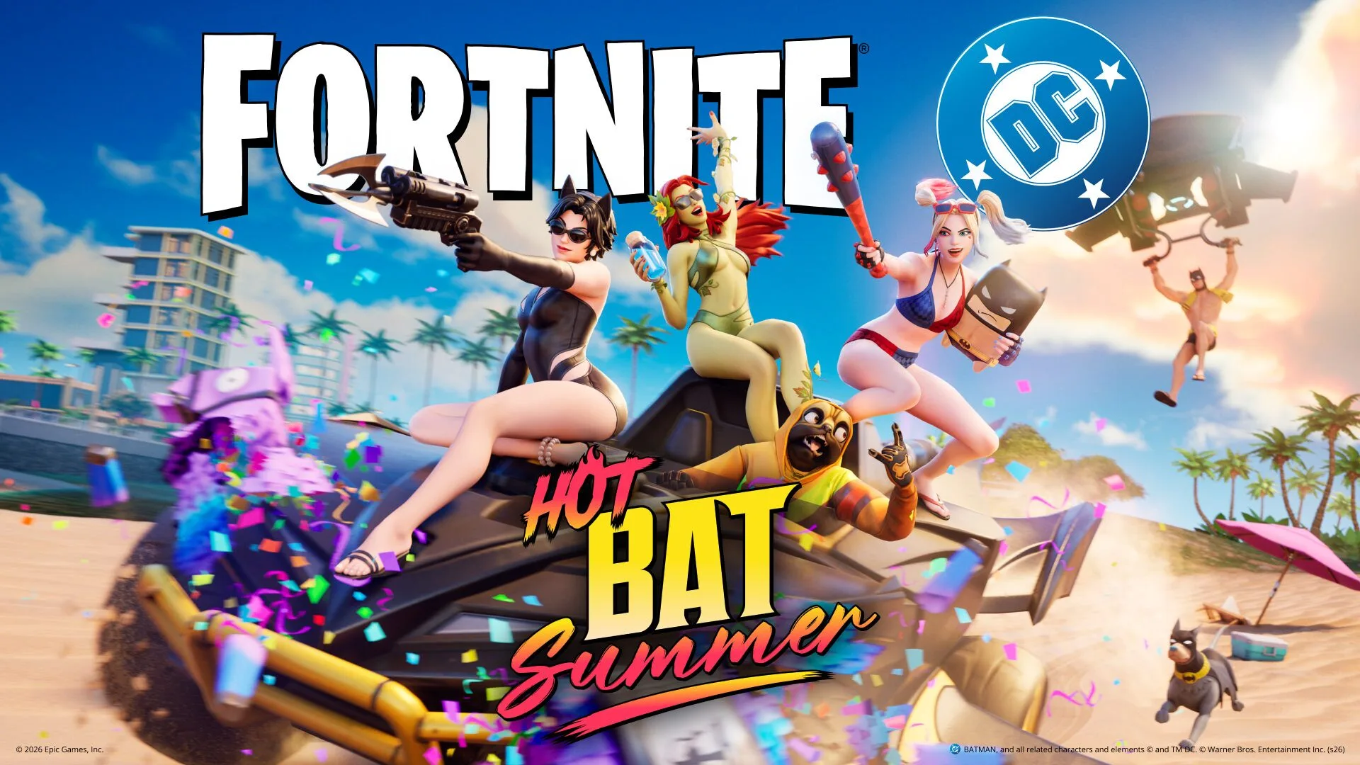 【フォートナイト】DCコラボの夏イベント『HOT BAT Summer』が始動！水着風のハーレイ・クインやポイズン・アイビーなど豪華スキンが登場か