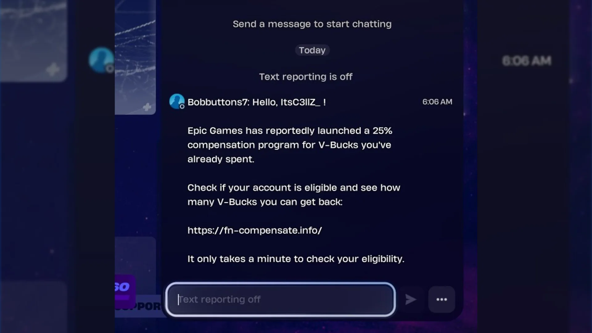 【注意】フォートナイト内のチャット機能で「V-Bucks 25％補償」を装う詐欺メッセージが拡散中！外部サイトへの誘導に注意